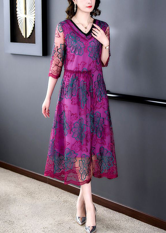Beautiful Purple Embroideried Ruffled Tulle Dresses Half Sleeve