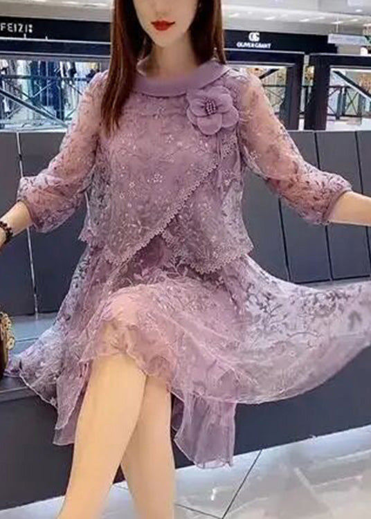 Beautiful Purple Embroidered Tulle Patchwork Fake Two Pieces Party Mid Dress Half Sleeve