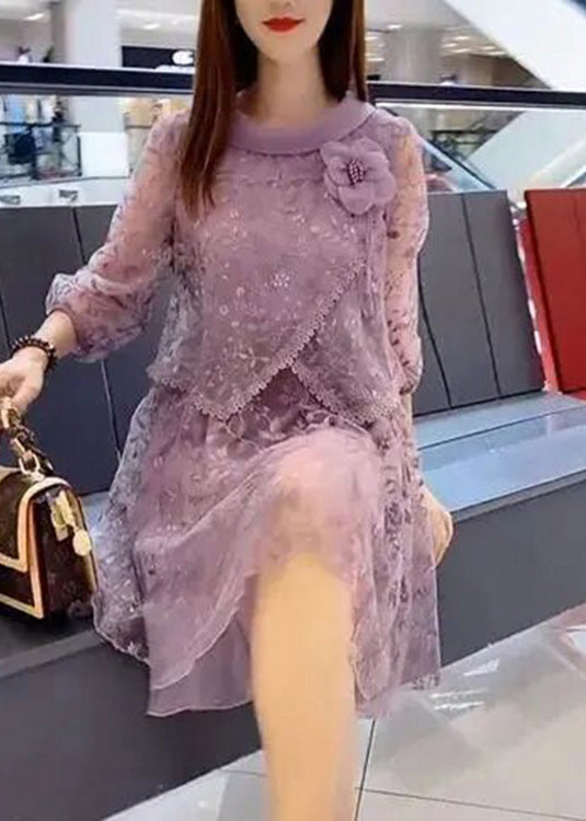 Beautiful Purple Embroidered Tulle Patchwork Fake Two Pieces Party Mid Dress Half Sleeve