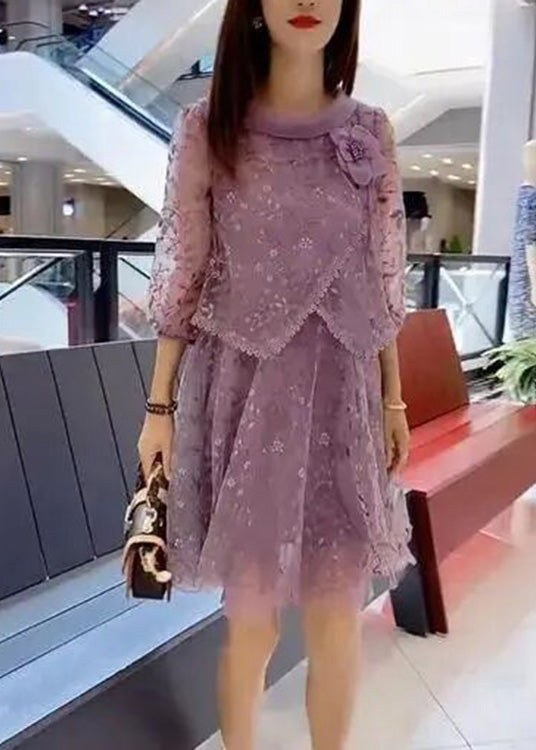 Beautiful Purple Embroidered Tulle Patchwork Fake Two Pieces Party Mid Dress Half Sleeve