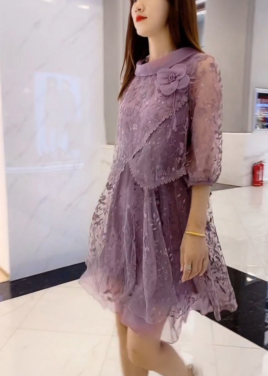 Beautiful Purple Embroidered Tulle Patchwork Fake Two Pieces Party Mid Dress Half Sleeve