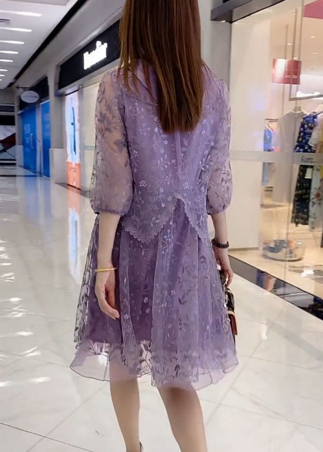 Beautiful Purple Embroideried Tulle Patchwork Fake Two Pieces Party Mid Dress Half Sleeve