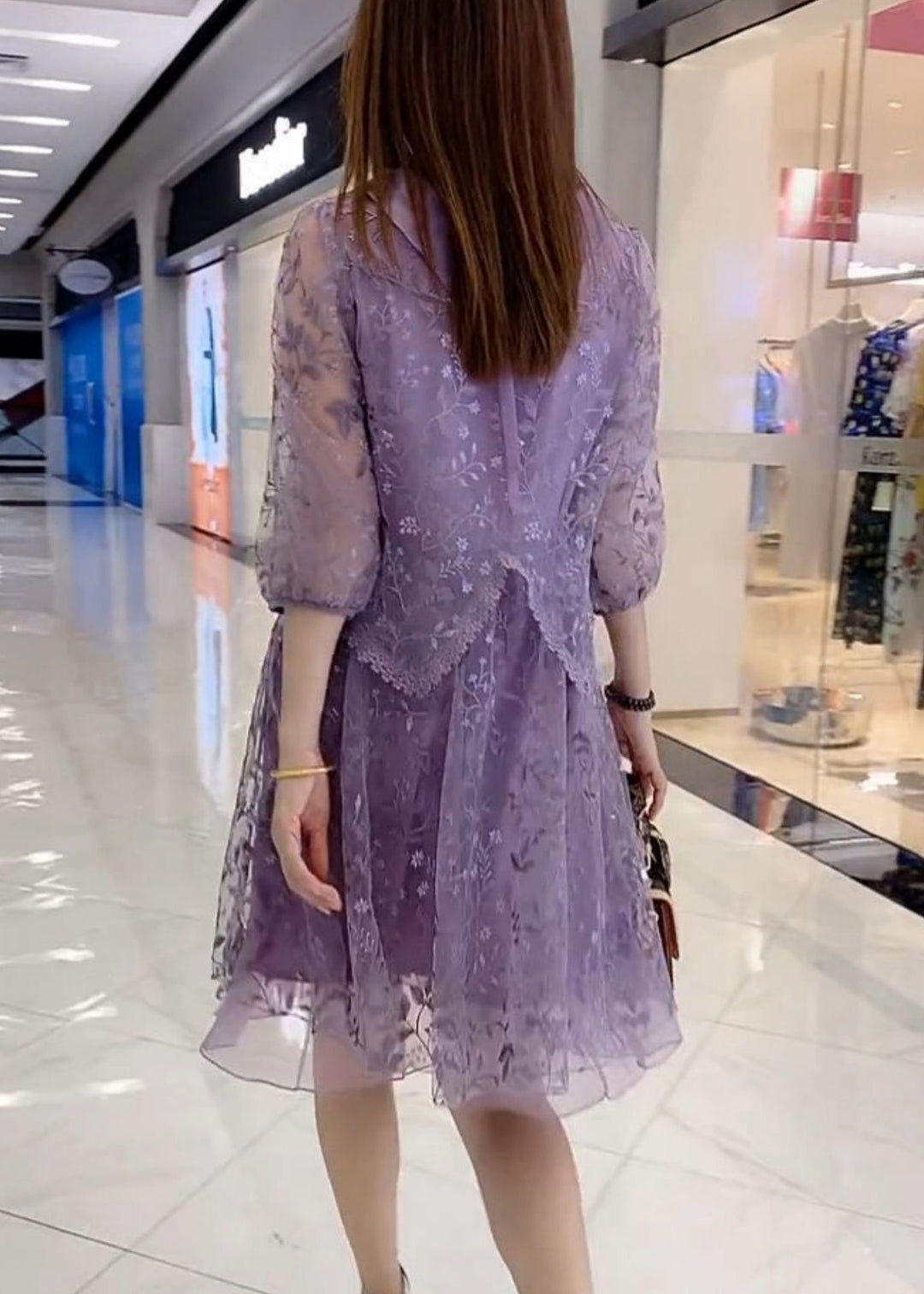 Beautiful Purple Embroidered Tulle Patchwork Fake Two Pieces Party Mid Dress Half Sleeve