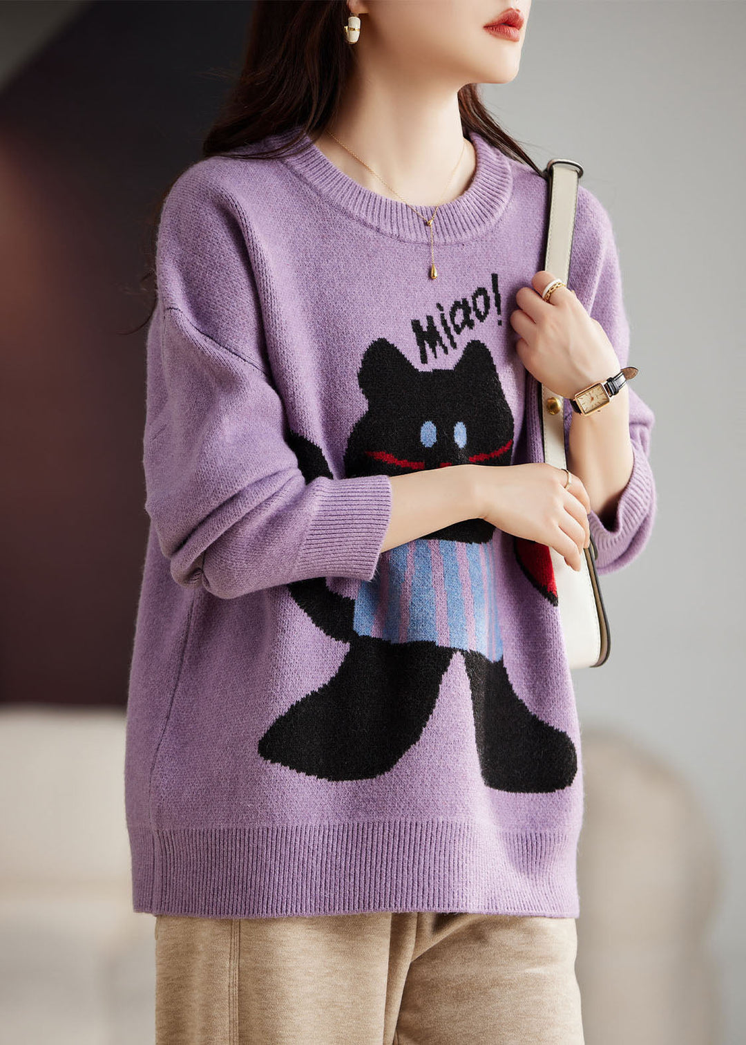 Beautiful Purple O-Neck Animal Print Thick Cotton Knit Sweater Long Sleeve