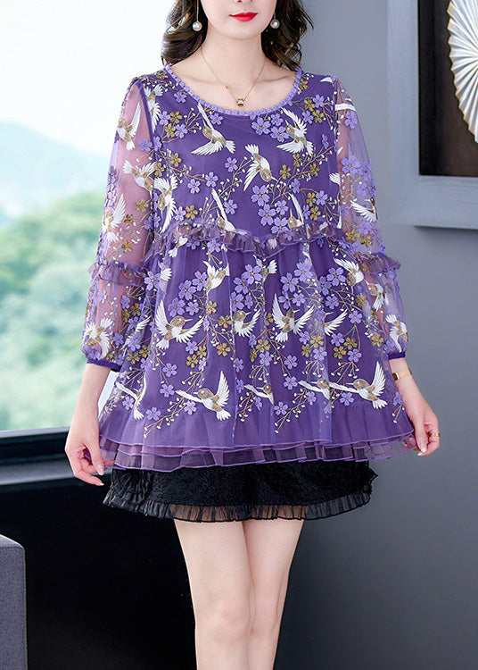 Beautiful Purple O-Neck Embroideried Ruffled Tulle Top Long Sleeve