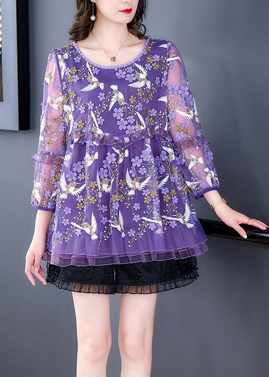 Beautiful Purple O-Neck Embroideried Ruffled Tulle Top Long Sleeve