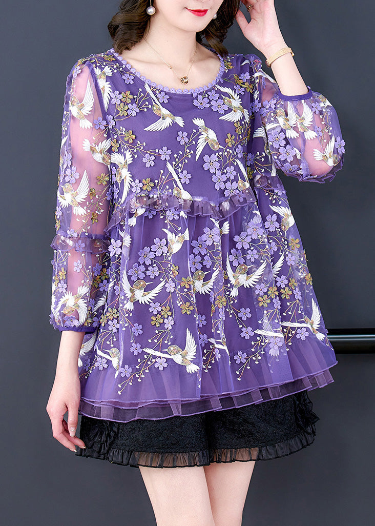 Beautiful Purple O-Neck Embroideried Ruffled Tulle Top Long Sleeve