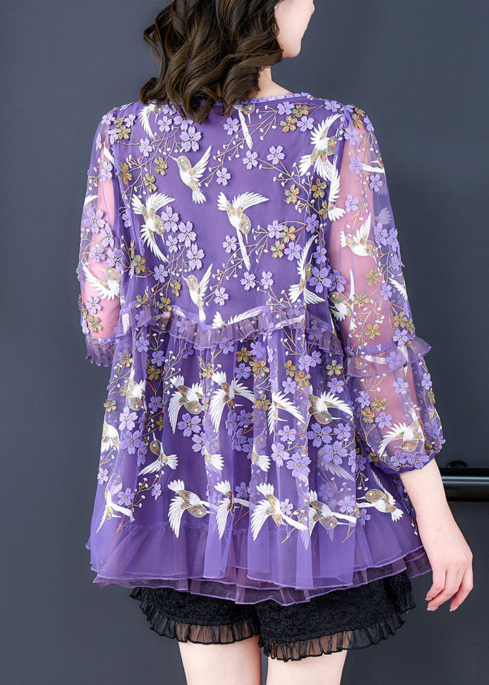 Beautiful Purple O-Neck Embroideried Ruffled Tulle Top Long Sleeve