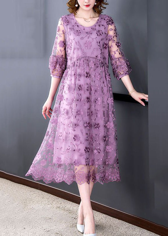 Beautiful Purple O-Neck Embroideried Tulle Long Dresses Half Sleeve