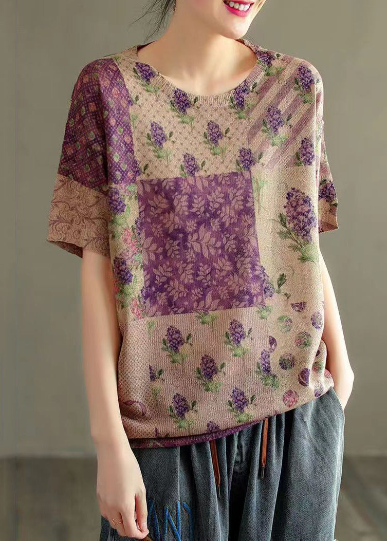 Beautiful Purple O Neck Print Patchwork Thin Cotton Knit Tops Summer