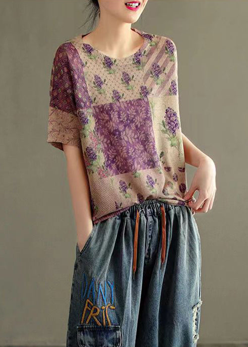 Beautiful Purple O Neck Print Patchwork Thin Cotton Knit Tops Summer