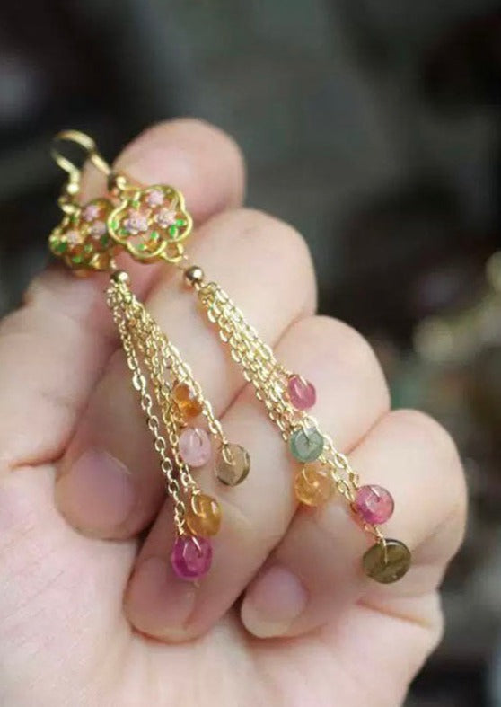 Beautiful Rainbow Gem Stone Tassel Drop Earrings