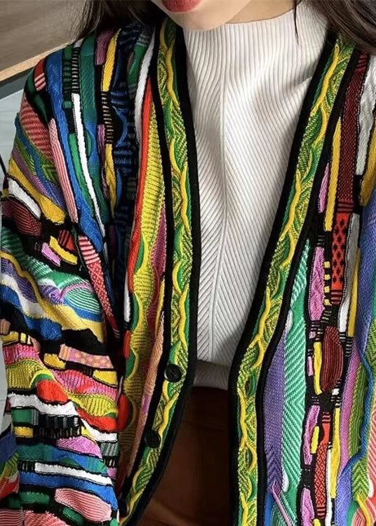 Beautiful Rainbow V Neck Button Cotton Knit Cardigan Long Sleeve