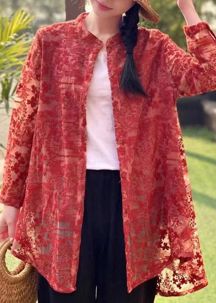 Beautiful Red Embroideried Button Patchwork Lace Shirt Fall