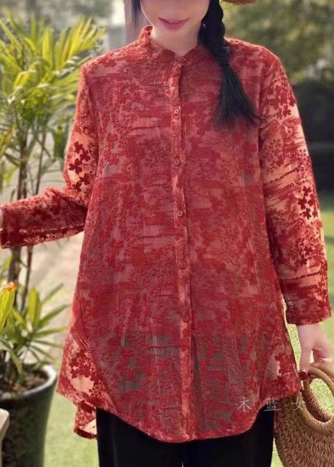 Beautiful Red Embroideried Button Patchwork Lace Shirt Fall