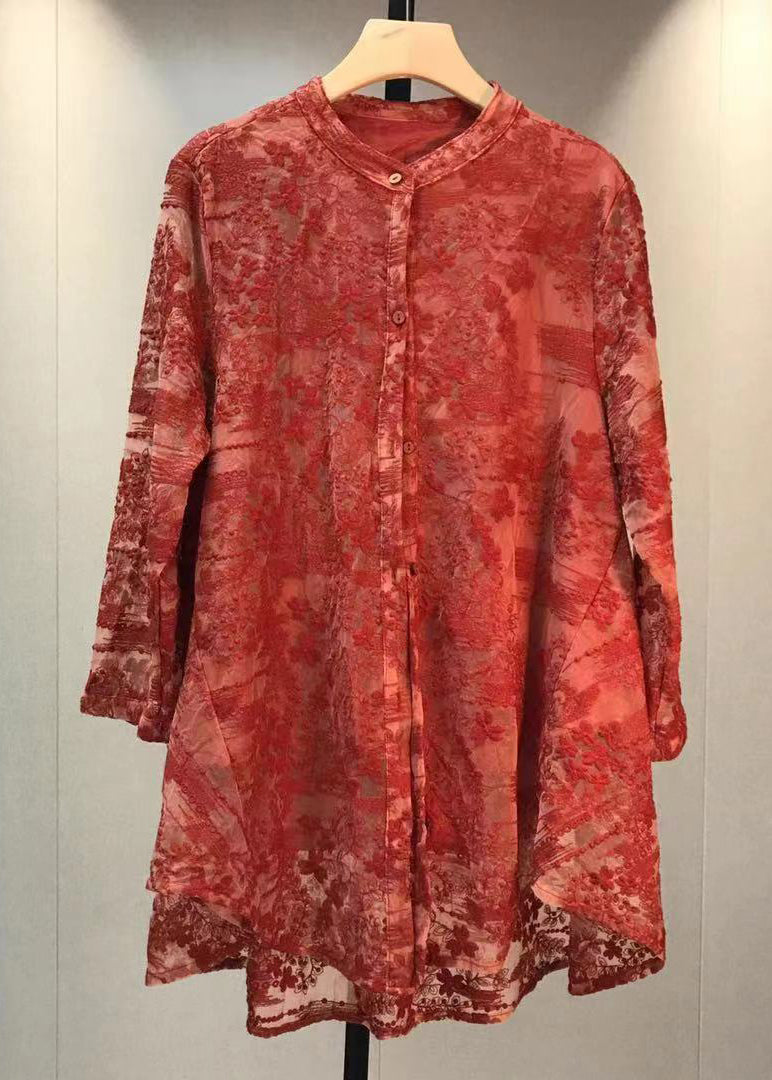 Beautiful Red Embroideried Button Patchwork Lace Shirt Fall