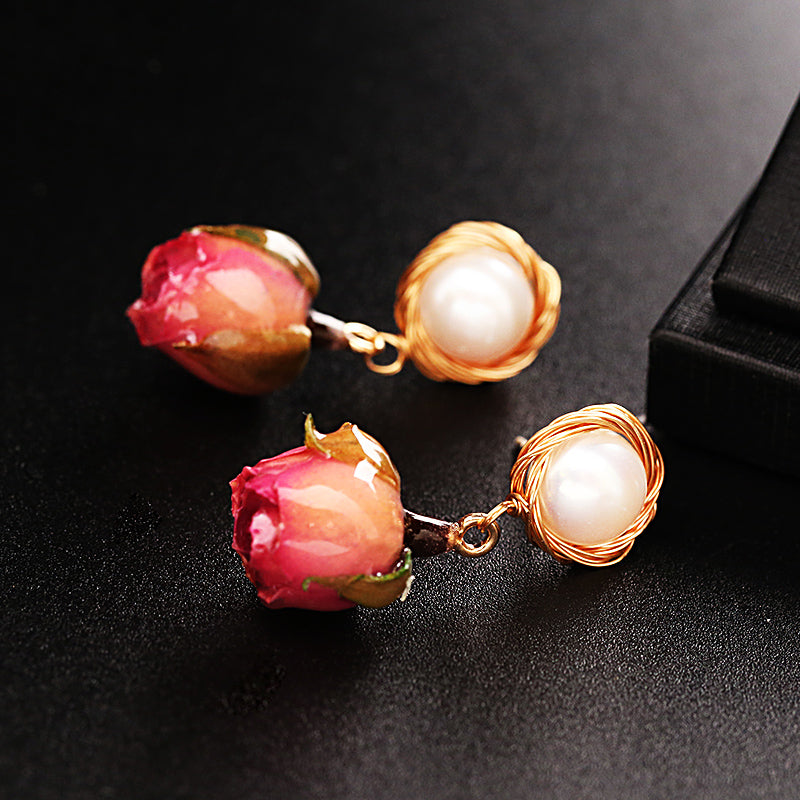 Beautiful Red Gradient Color Sterling Silver Alloy Pearl Rose Drip Oil Drop Earrings