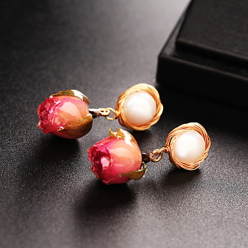Beautiful Red Gradient Color Sterling Silver Alloy Pearl Rose Drip Oil Drop Earrings
