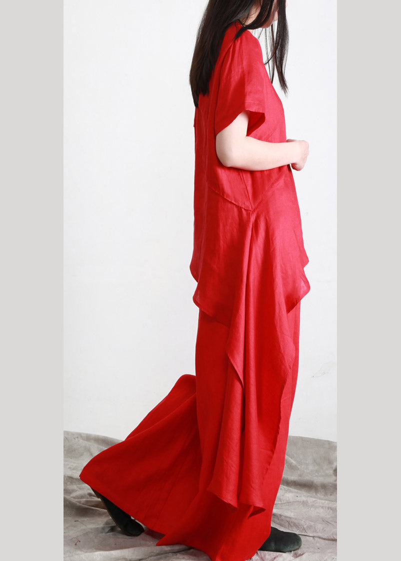 Beautiful Red O-Neck Asymmetrical Linen Top And Pants Two Pieces Sets Summer