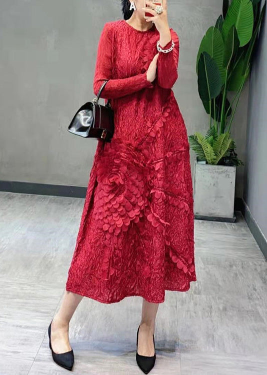 Beautiful Red O-Neck Embroideried Floral Long Dress Spring