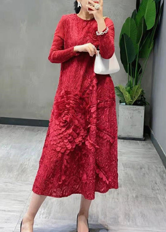 Beautiful Red O-Neck Embroideried Floral Long Dress Spring