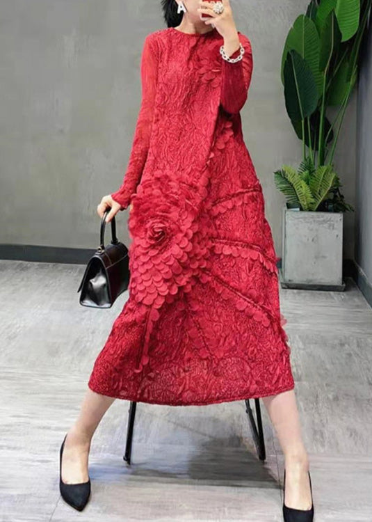 Beautiful Red O-Neck Embroideried Floral Long Dress Spring