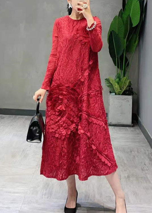 Beautiful Red O-Neck Embroideried Floral Long Dress Spring