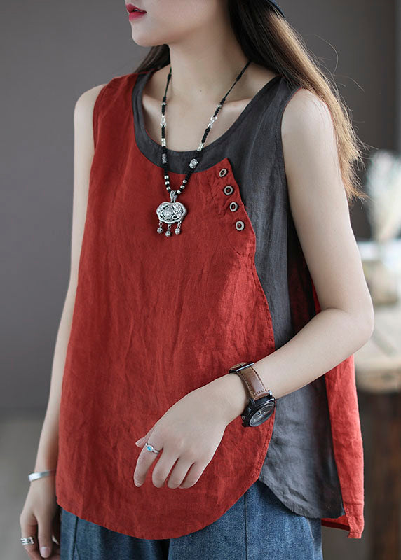Beautiful Red O Neck Patchwork Cotton T Shirts Tops Sleeveless