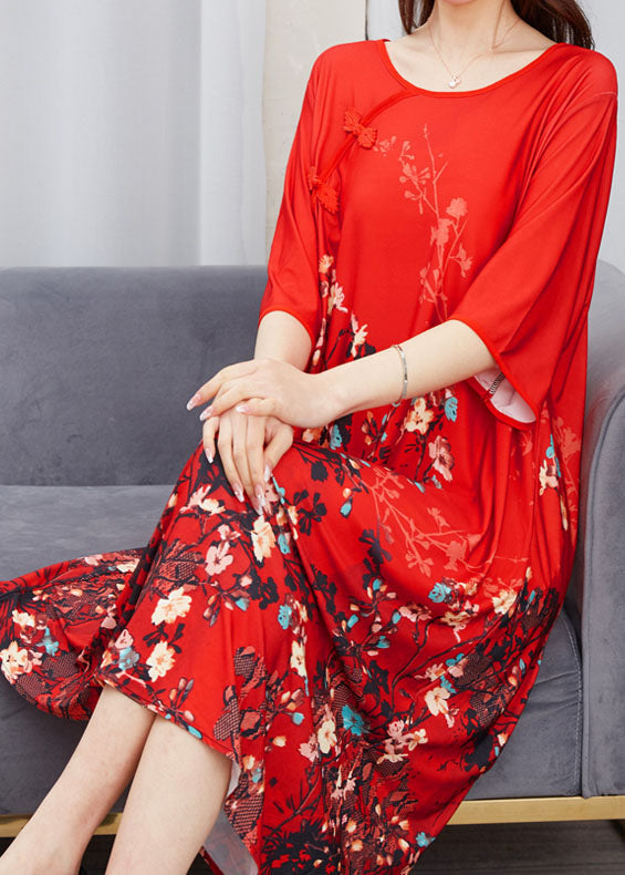 Beautiful Red O Neck Print Chinese Button Patchwork Chiffon Dress Summer - Omychic