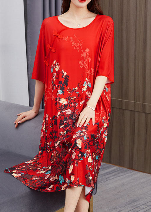Beautiful Red O Neck Print Chinese Button Patchwork Chiffon Dress Summer - Omychic