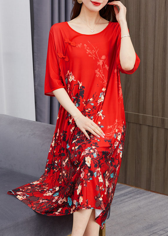 Beautiful Red O Neck Print Chinese Button Patchwork Chiffon Dress Summer - Omychic