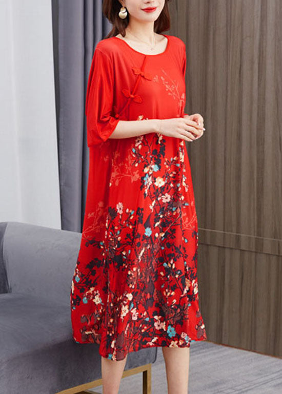 Beautiful Red O Neck Print Chinese Button Patchwork Chiffon Dress Summer - Omychic