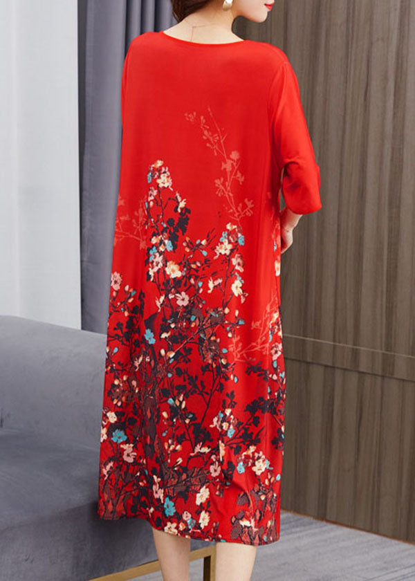 Beautiful Red O Neck Print Chinese Button Patchwork Chiffon Dress Summer - Omychic