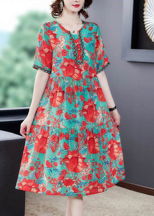 Beautiful Red O-Neck Print Silk Party Dress Summer