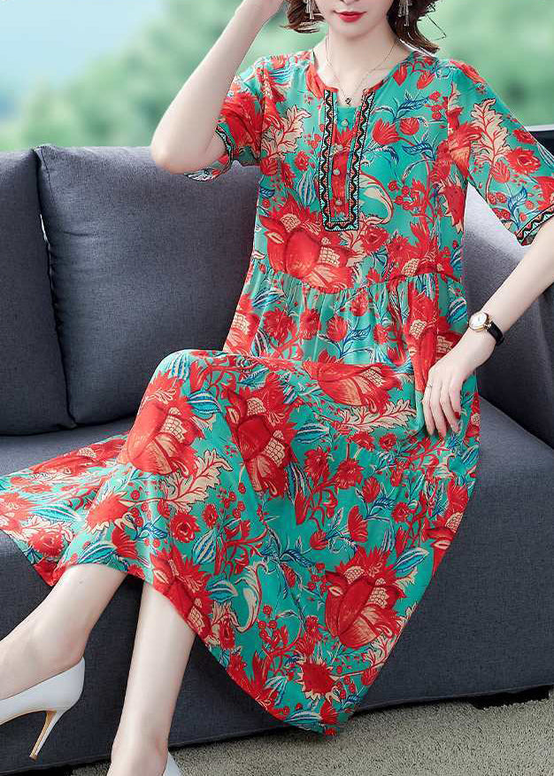 Beautiful Red O-Neck Print Silk Party Dress Summer