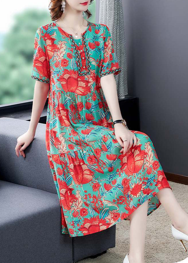 Beautiful Red O-Neck Print Silk Party Dress Summer