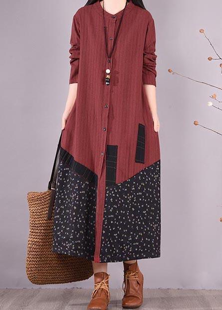 Beautiful Red Patchwork Print Dress O Neck Pockets Traveling Spring Dresses - Omychic