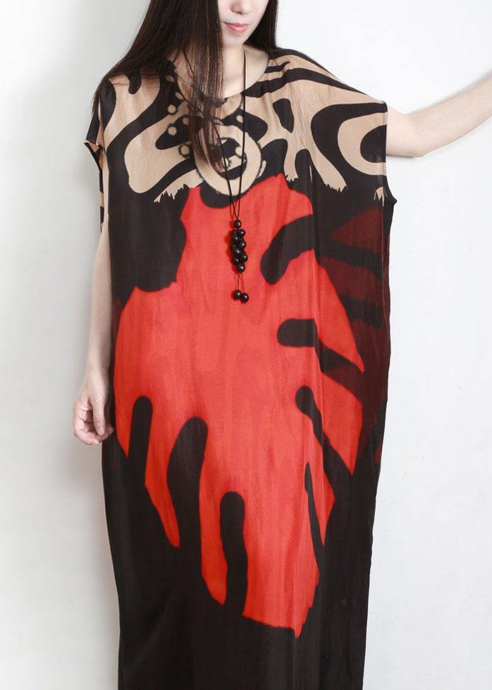 Beautiful Red Print O-Neck Ankle Summer Chiffon Dress - Omychic