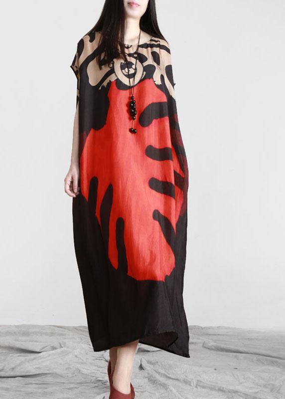 Beautiful Red Print O-Neck Ankle Summer Chiffon Dress - Omychic