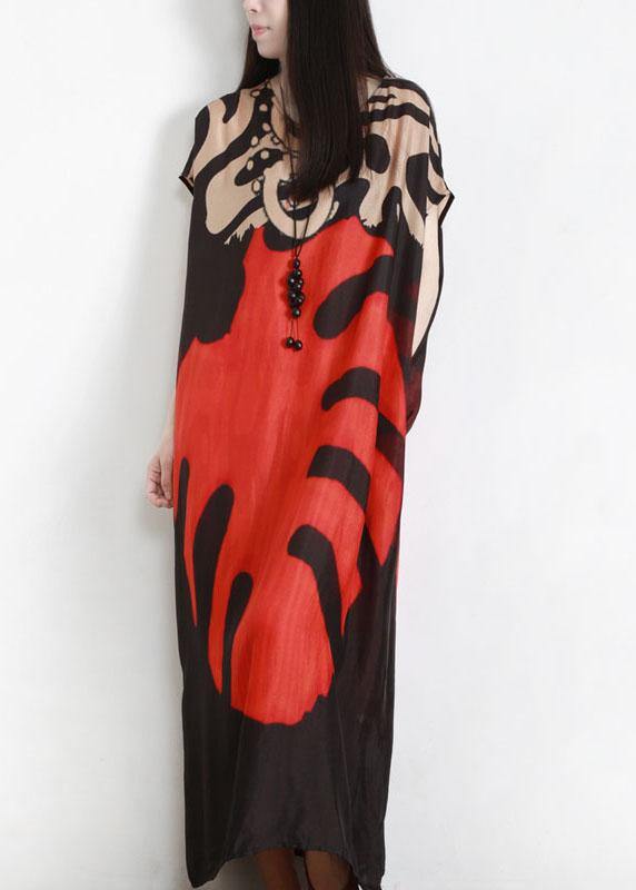 Beautiful Red Print O-Neck Ankle Summer Chiffon Dress - Omychic