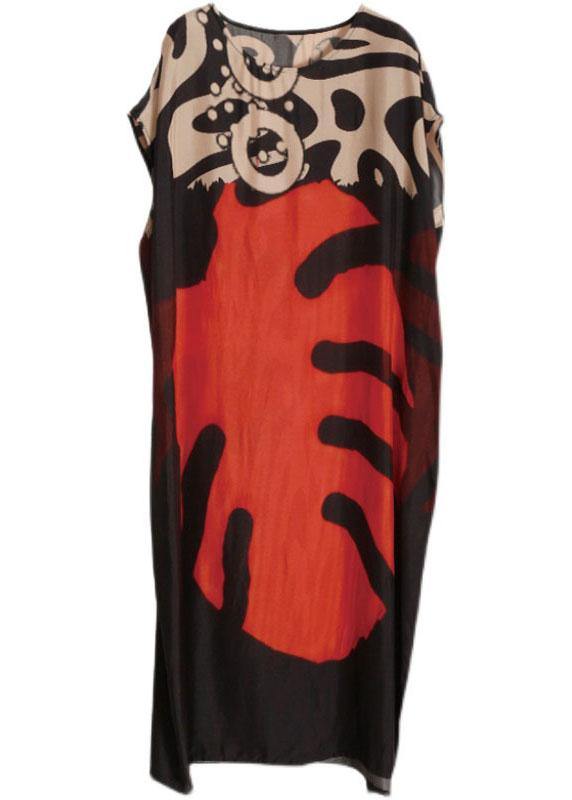 Beautiful Red Print O-Neck Ankle Summer Chiffon Dress - Omychic