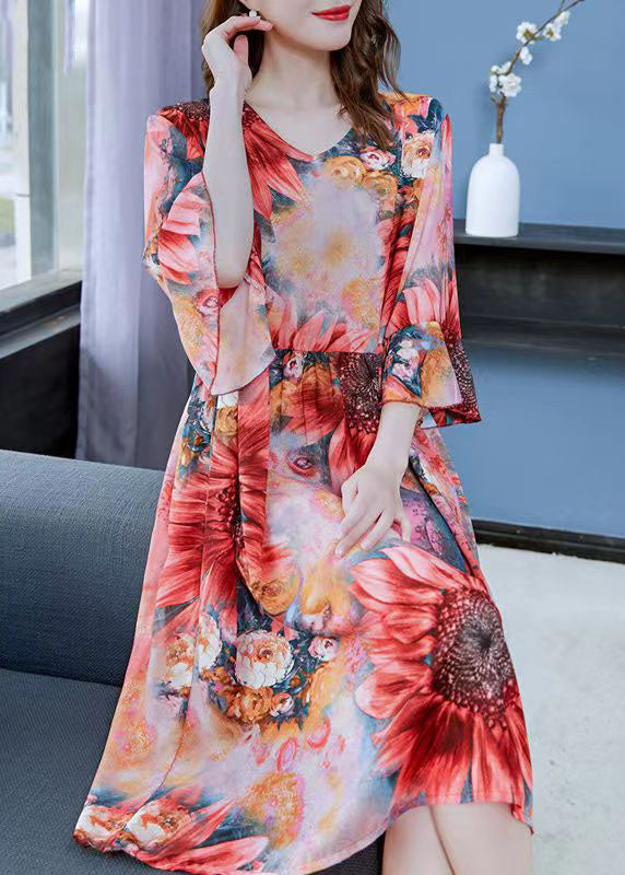 Beautiful Red The Sunflowers Print Patchwork Chiffon Dresses Butterfly Sleeve