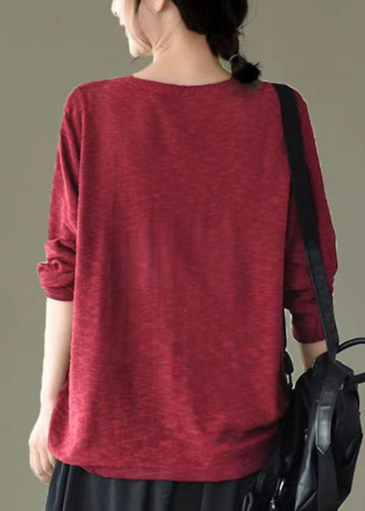 Beautiful Red V Neck Drawstring Patchwork Knitting Top Fall