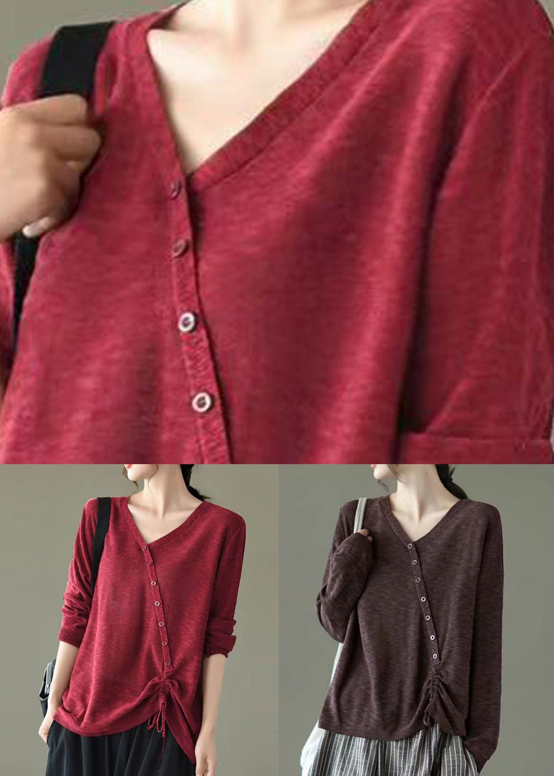 Beautiful Red V Neck Drawstring Patchwork Knitting Top Fall
