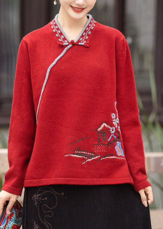 Beautiful Red V Neck Oriental Button Embroideried Knit Tops Winter