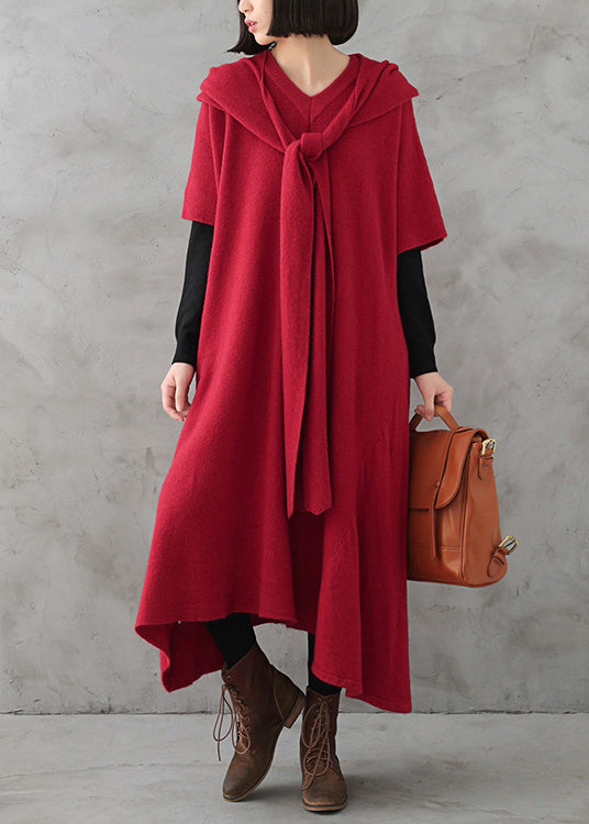 Beautiful Red V Neck Side Open Cashmere Knit Holiday Sweater Dress Fall