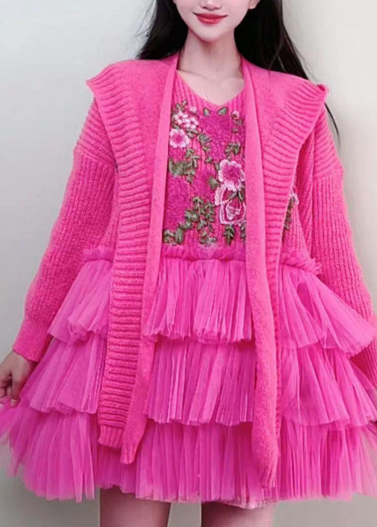 Beautiful Rose Embroideried Knit Tulle Patchwork And Cape Two Piece Set Fall
