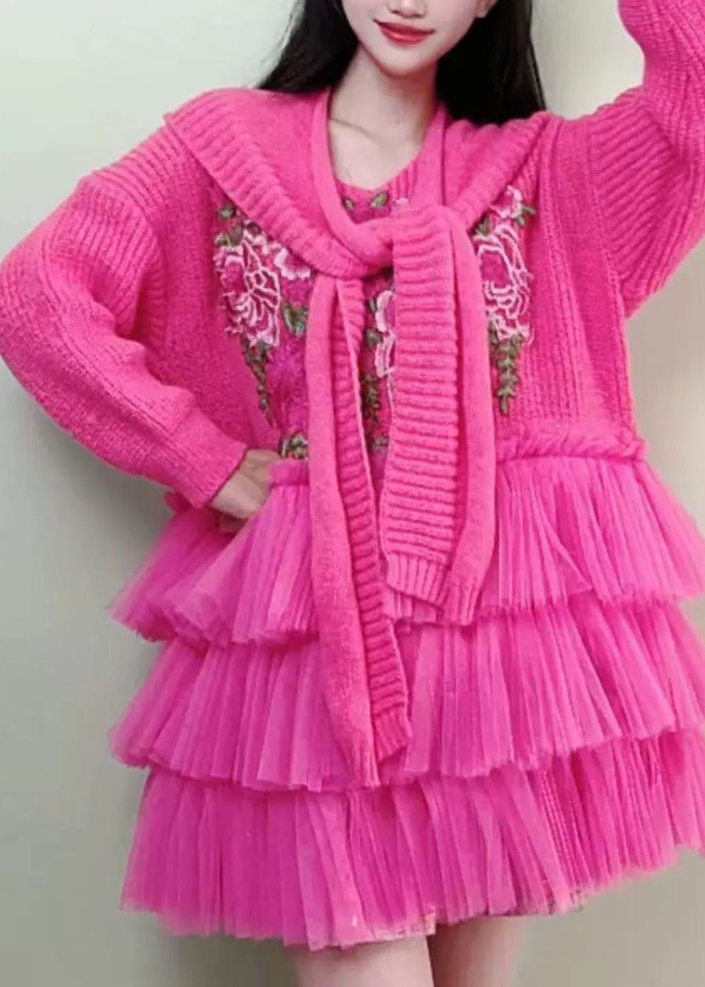 Beautiful Rose Embroideried Knit Tulle Patchwork And Cape Two Piece Set Fall