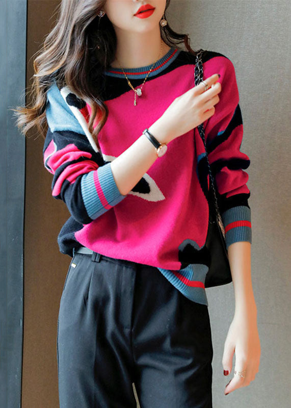 Beautiful Rose O Neck Patchwork Cozy Wool Knit Sweaters Long Sleeve