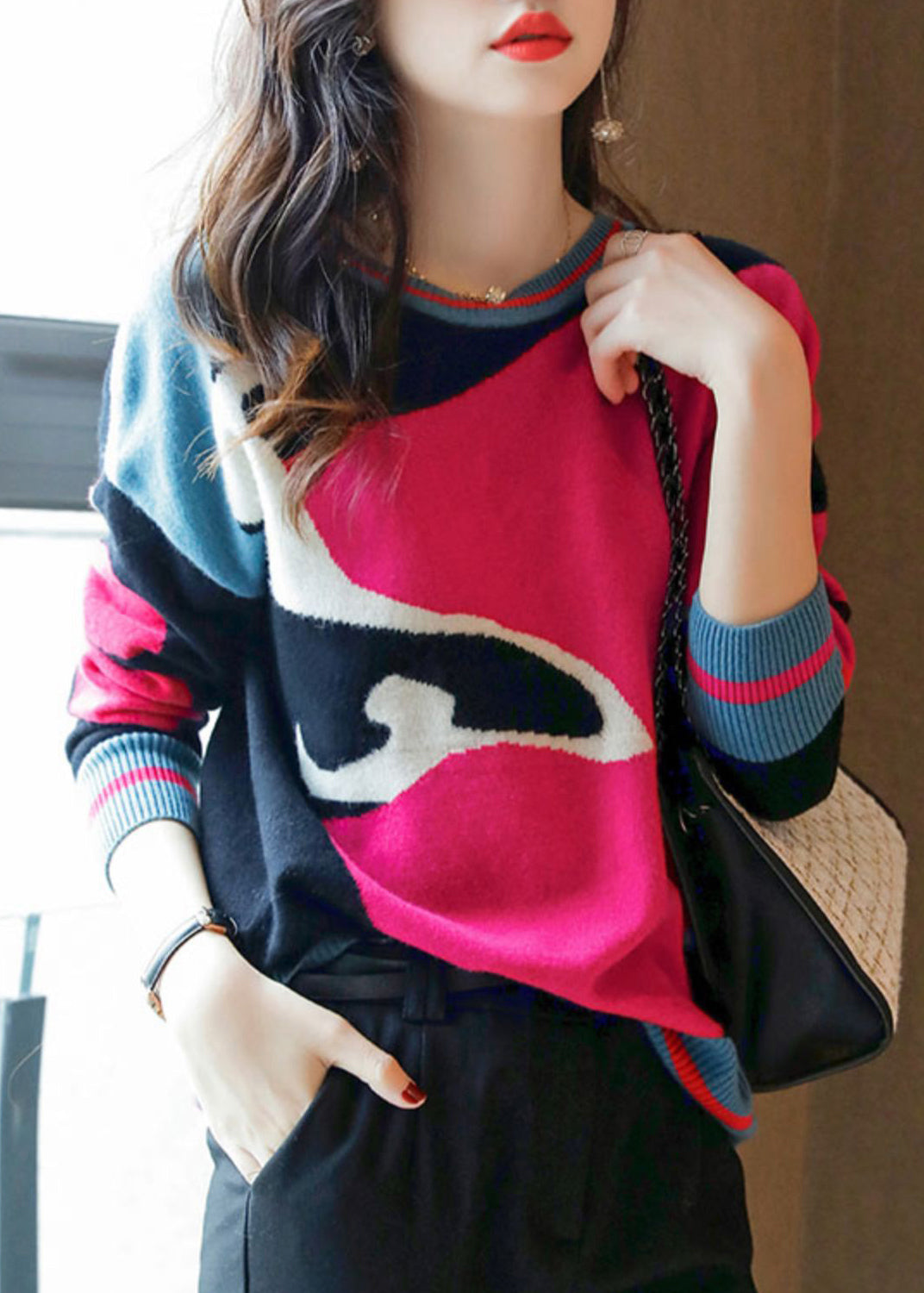 Beautiful Rose O Neck Patchwork Cozy Wool Knit Sweaters Long Sleeve